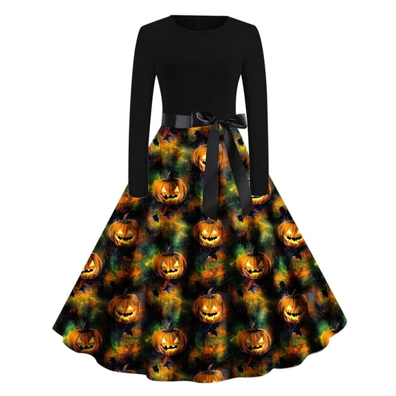 LEKWK Halloween Dresses for Women Printed Long Sleeve A-Line Midi Gown Crewneck Graphic Gothic Dresses with Belt Witch Renaissance Costume