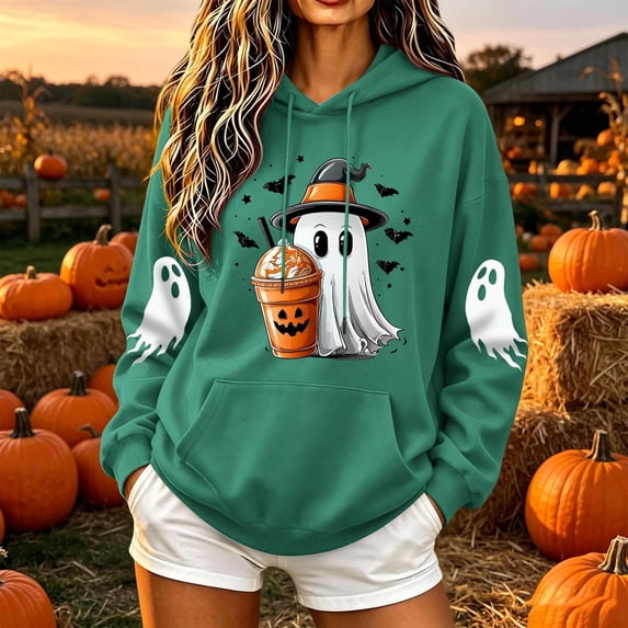 LEKWK Halloween Hoodies for Women Drawstring Ghost Pattern Cute Graphic Sweatshirts Fall Winter Long Sleeve Relaxed Fit Casual Funny Tops