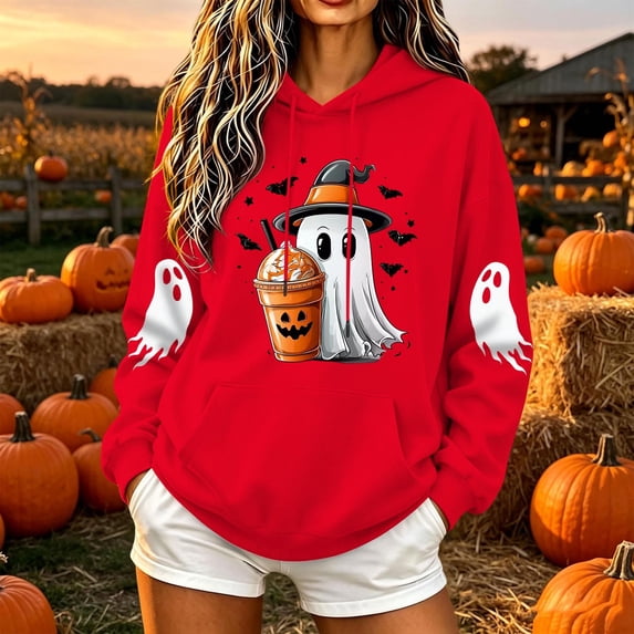 LEKWK Halloween Hoodies for Women Drawstring Ghost Pattern Cute Graphic Sweatshirts Fall Winter Long Sleeve Relaxed Fit Casual Funny Tops