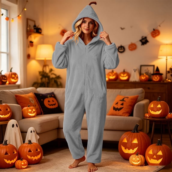 LEKWK Halloween Onesie Adult Funny Zip Up Cute Hooded Jumpsuit Fleece Soft Flannel Lounge Sleepwear for Cosplay Theme Party Dress Up Set
