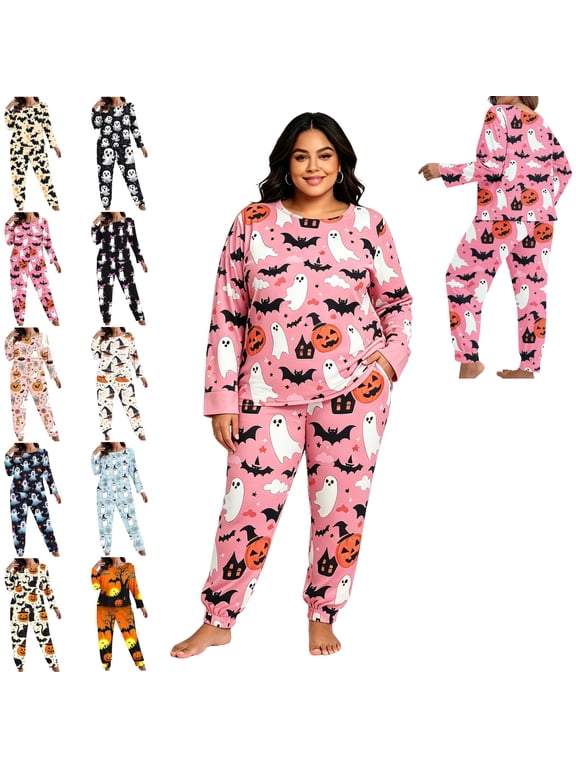 Halloween Pajamas Women Plus Size Cute Graphic Print Long Sleeve Top And Pants Casual Loungewear for Fall Festival Theme Party Sleepwear Size Xl-5Xl