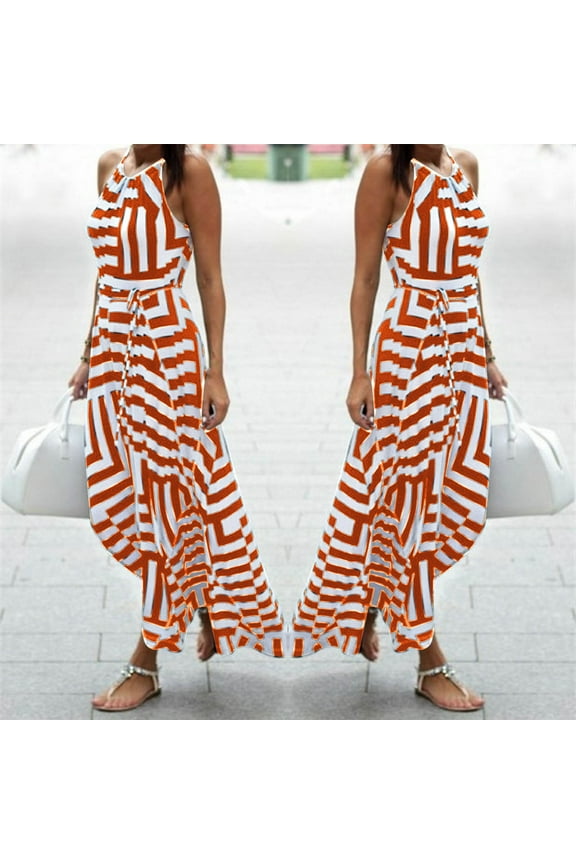 Halter Dress for Women Sleeveless High Neck Maxi Dress Geometric Print Summer Dresses High Low Hem Tie Waist Boho Beach Dress Vacation Wear