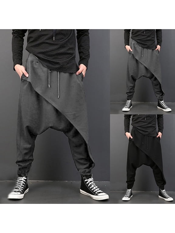 Harem Pants Men Drop Crotch Asymmetric Layered Classic Hippie Boho Pants Elastic Waist Drawstring Baggy Hip Hop Yoga Trousers with Pockets Beach Lounge Daily Wear