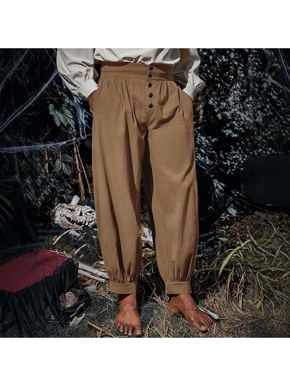 Harem Pants Men Loose Fit Elastic Waist Trousers Baggy Cotton Boho Pants Lightweight Hippie Buttons Pant Casual Medieval Viking Trousers with Pockets Beach Vacation Yoga Bottoms