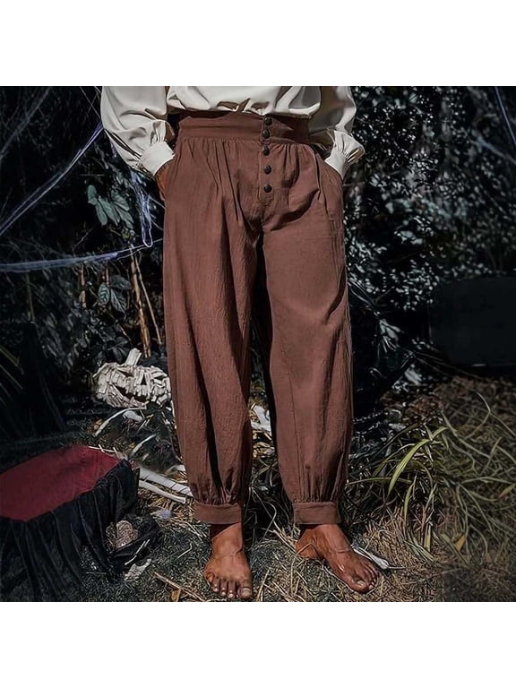 Harem Pants Men Loose Fit Elastic Waist Trousers Baggy Cotton Boho Pants Lightweight Hippie Buttons Pant Casual Medieval Viking Trousers with Pockets Beach Vacation Yoga Bottoms