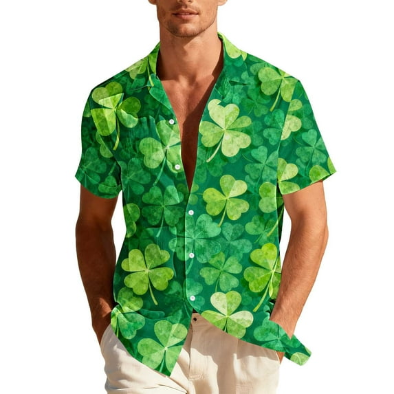 LEKWK Hawaiian Shirts for Men Regular Fit Short Sleeve St Patricks Day Tshirt Realistic Shamrock Print Casual Shirts Holiday Pub Party Wear
