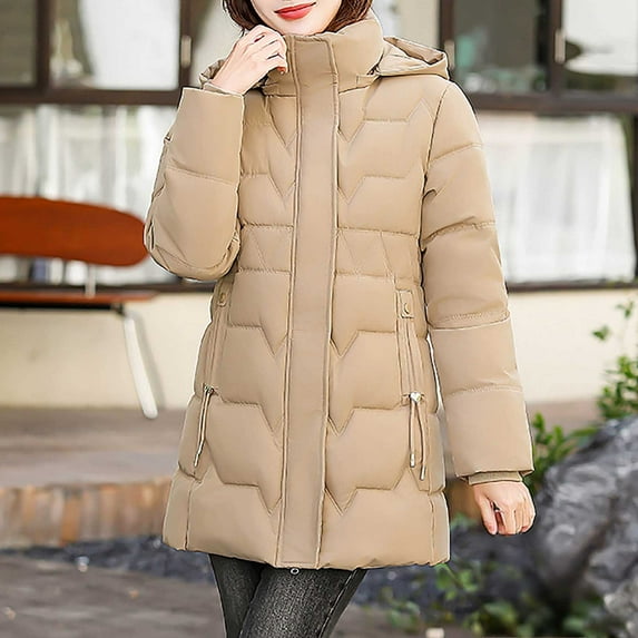 LEKWK Heavy Winter Coats for Women Zip up Quilted Down Jackets Button up Hooded Warm Padded Coat with Pockets Outerwear