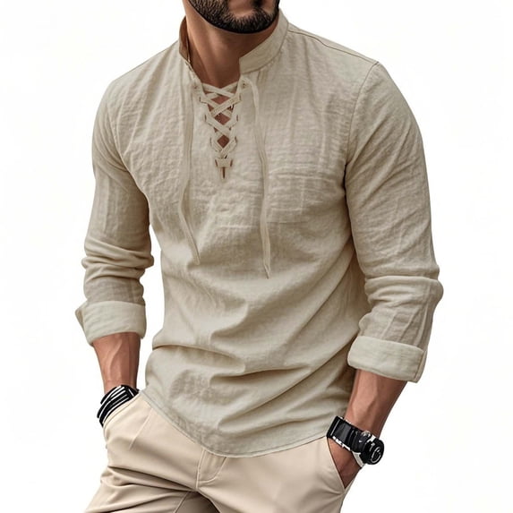 LEKWK Henley Shirts for Men Long Sleeve Linen Lace up Shirt Casual V-Neck Beach T-Shirts Tie Front Adjustable Sleeve T-Shirt Vacation Travel Holiday Tops