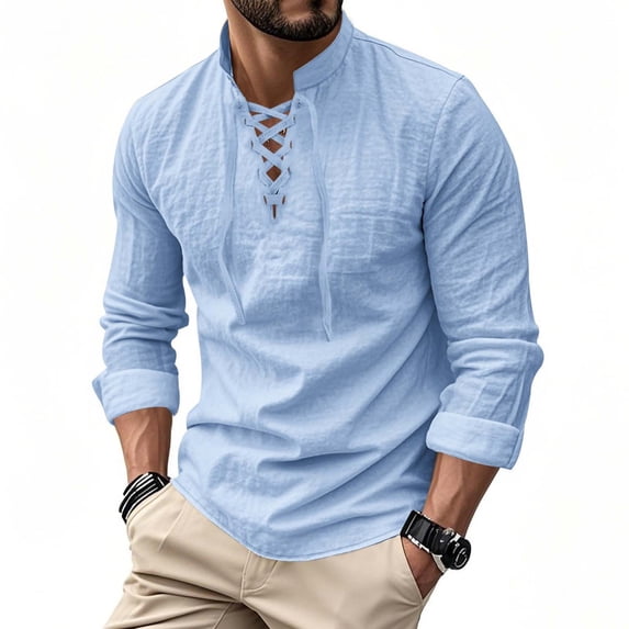 LEKWK Henley Shirts for Men Long Sleeve Linen Lace up Shirt Casual V-Neck Beach T-Shirts Tie Front Adjustable Sleeve T-Shirt Vacation Travel Holiday Tops
