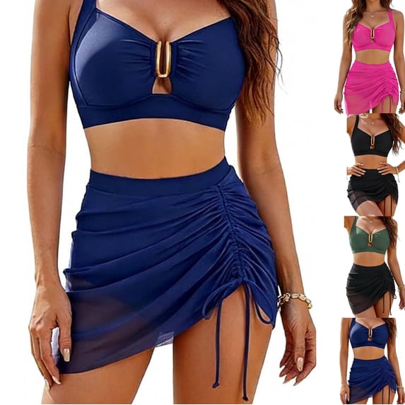 LEKWK High Waisted Bikini Sets for Women 2 Piece U Ring Linked Top Ruched Mesh Skirt Overlay Bottoms Modest Summer Vacation Pool Party Swim Outfits