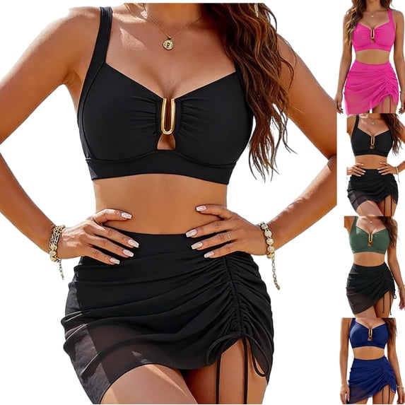 LEKWK High Waisted Bikini Sets for Women 2 Piece U Ring Linked Top Ruched Mesh Skirt Overlay Bottoms Modest Summer Vacation Pool Party Swim Outfits