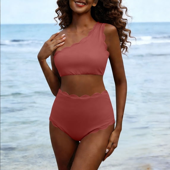LEKWK High Waisted Bikini Sets for Women Two Piece One Shoulder Scalloped Trim Bathing Suits Tummy Control Cute Summer Resort Beach Outfits