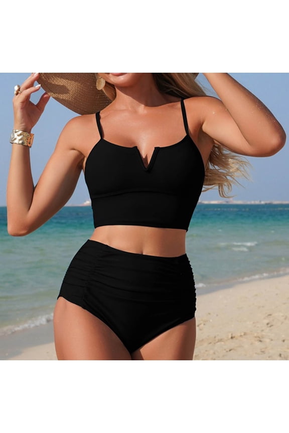 High Waisted Bikini Sets for Women V Notch Cami Top Two Piece Swimsuits Tummy Control Ruched Bottom Bathing Suit Simple Summer Beach Swimwear
