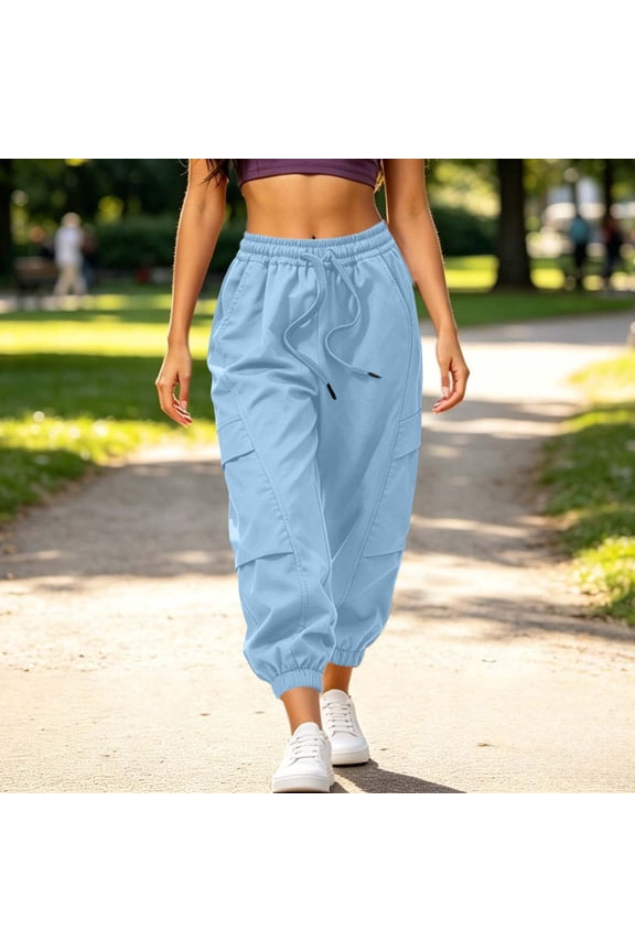 High Waisted Cargo Pants Women Drawstring Baggy Casual Joggers Stretchy Loose Fit Trousers with Multi Pockets Hiking Camping Outdoor Streetwear