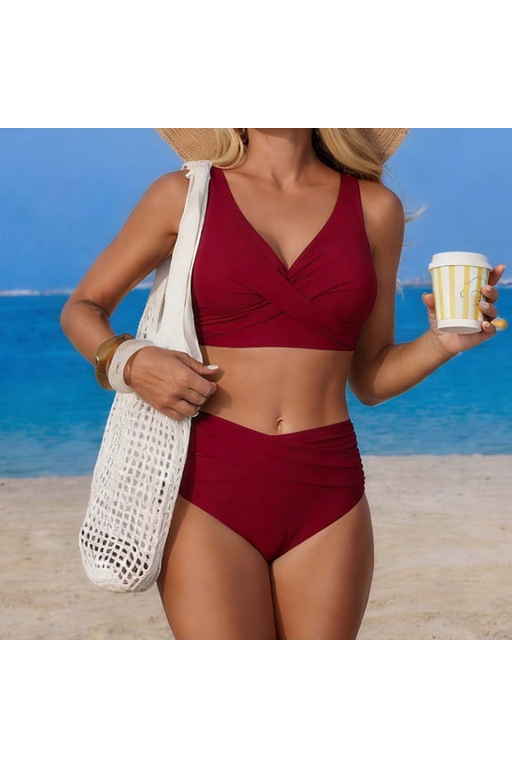High Waisted Swimsuit for Women Tummy Control Two Piece Bikini Set Ruched Cross Front Modest Bathing Suits