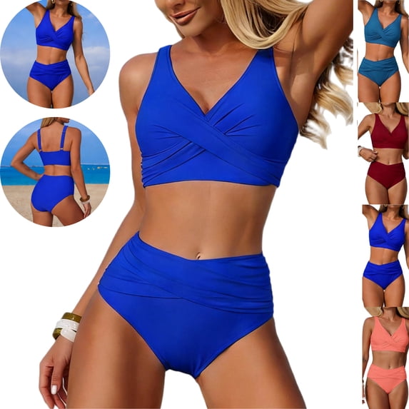 LEKWK High Waisted Swimsuit for Women Tummy Control Two Piece Bikini Set Ruched Cross Front Modest Bathing Suits