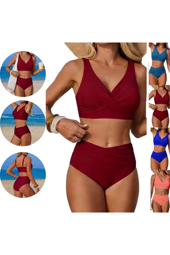 High Waisted Swimsuit for Women Tummy Control Two Piece Bikini Set Ruched Cross Front Modest Bathing Suits