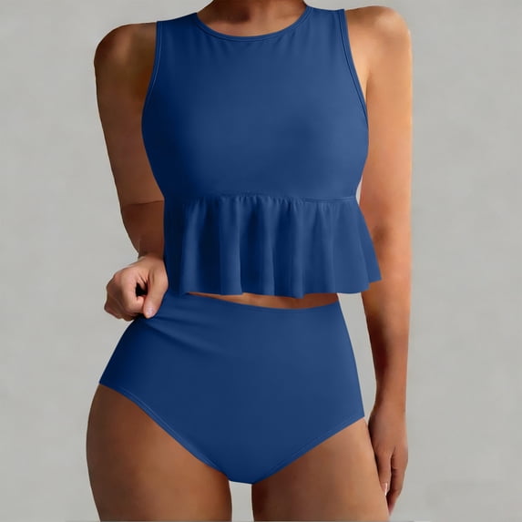LEKWK High Waisted Tankini Swimsuits for Women 2 Piece Ruffle Hem Crop Top High Neck Modest Bathing Suits Tummy Control Bottoms Summer Swim Outfits