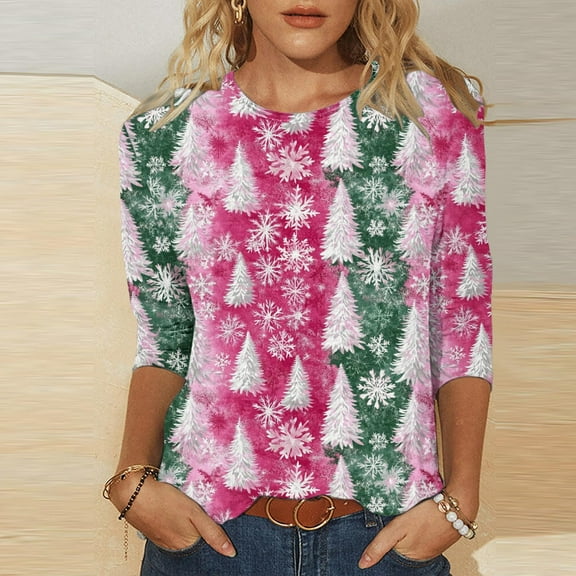 LEKWK Holiday Shirts for Women 2025 Xmas Tree Snowflake Graphic Tshirt Crew Neck 3/4 Sleeve Tops Womans Christmas Shirts Funny Christmas Shirts Women