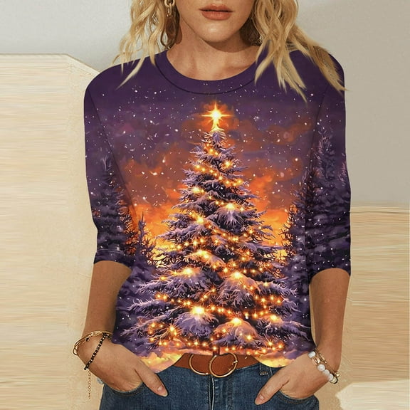 LEKWK Holiday Shirts for Women Xmas Tree Crew Neck 3/4 Sleeve Tops Womans Christmas Tops Holiday Funny Tshirts Women
