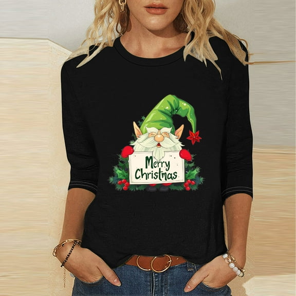LEKWK Holiday Top Women Xmas Santa Crew Neck 3/4 Sleeve Tshirts Teacher Holiday Shirts Fashion Christmas Sweaters for Women