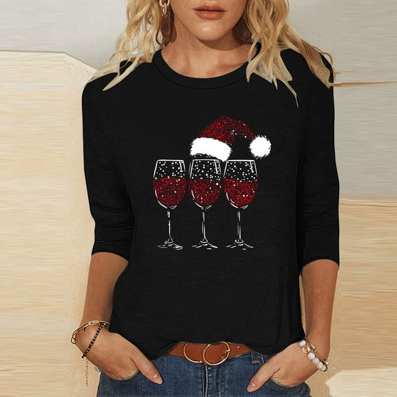 LEKWK Holiday Top for Women 2025 Xmas Wine Glass Crew Neck 3/4 Sleeve Tshirts Sequin Shirt for Women Winter Plaid Shirts for Women