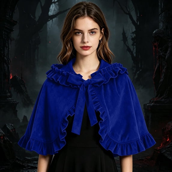 LEKWK Hooded Cape for Women Short Cloak with Ruffled Trim Cute Velvet Shawl Accessory for Halloween Cosplay Stage Performance Dress Up