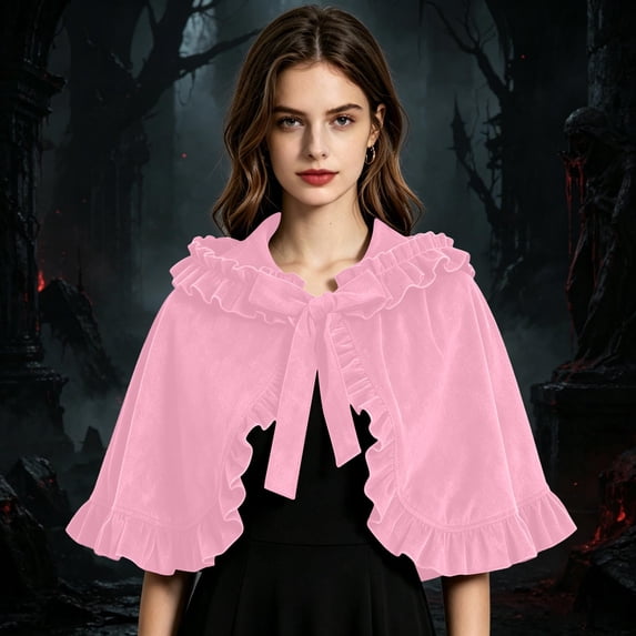 LEKWK Hooded Cape for Women Short Cloak with Ruffled Trim Cute Velvet Shawl Accessory for Halloween Cosplay Stage Performance Dress Up