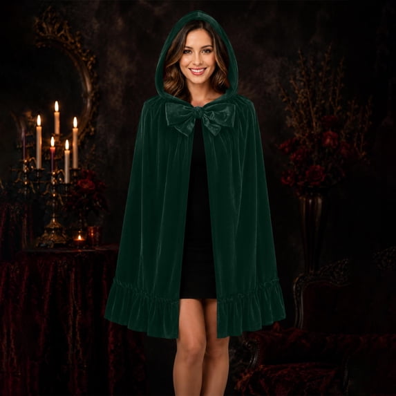 LEKWK Hooded Cloak for Women Gothic Velvet Cape with Bow Tie Ruffled Hem Elegant Robe Cosplay Halloween Costume for Christmas Party