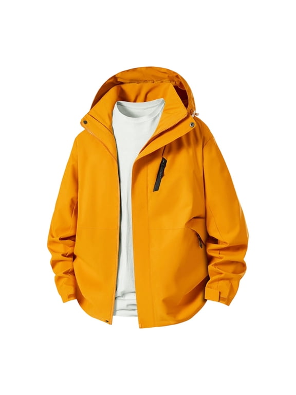 Hooded Jacket for Men Lightweight Full Zip Windbreaker with Chest Zipper Pocket Side Pockets and Adjustable Cuffs Casual Outdoor Coat for Hiking Travel Fall Spring Yellow XXL