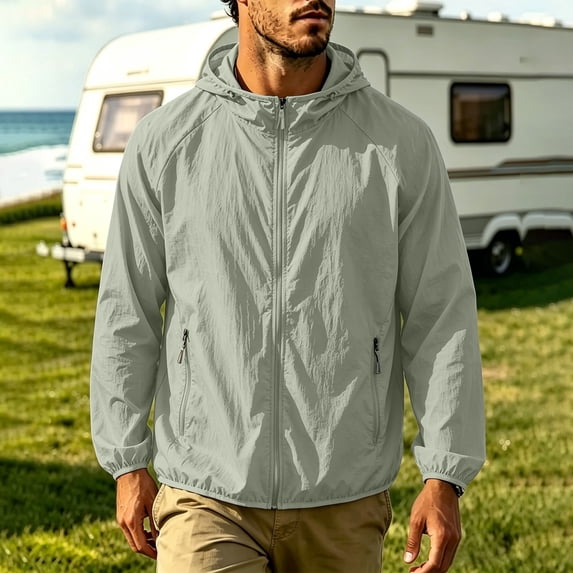LEKWK Hooded Jacket for Men Sun Protection Lightweight Windbreaker Full Zip Activewear with Side Pockets for Hiking Running Travel Camping Mint Green M