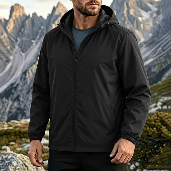LEKWK Hooded Rain Jackets for Men Windbreaker Waterproof Lightweight Rain Jacket Full Zip Activewear with Side Pockets for Hiking Running Travel Camping Black M