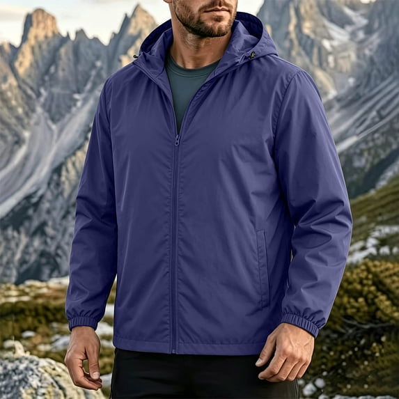 LEKWK Hooded Rain Jackets for Men Windbreaker Waterproof Lightweight Rain Jacket Full Zip Activewear with Side Pockets for Hiking Running Travel Camping Purple XXL