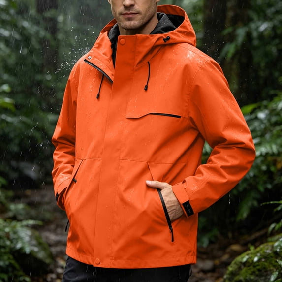 LEKWK Hooded Softshell Jacket for Men Full Zip Lightweight Outdoor Windbreaker, Water Resistant Utility Rain Coat with Zipper Pockets and Adjustable Cuffs for Hiking Travel Orange XXXXL