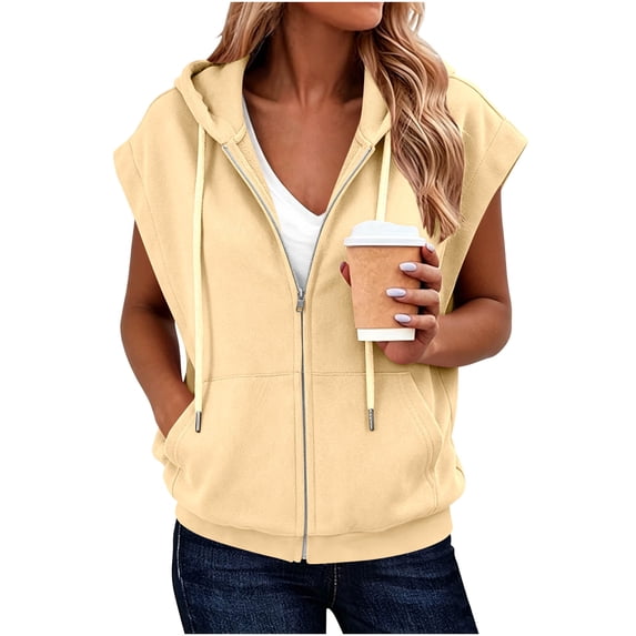 LEKWK Hoodies for Women Short Sleeve Zip Up Sweatshirts Loose Fit Casual Pullovers Lightweight Drawstring Sweatshirt with Pockets Fall Gym Workout Pullover