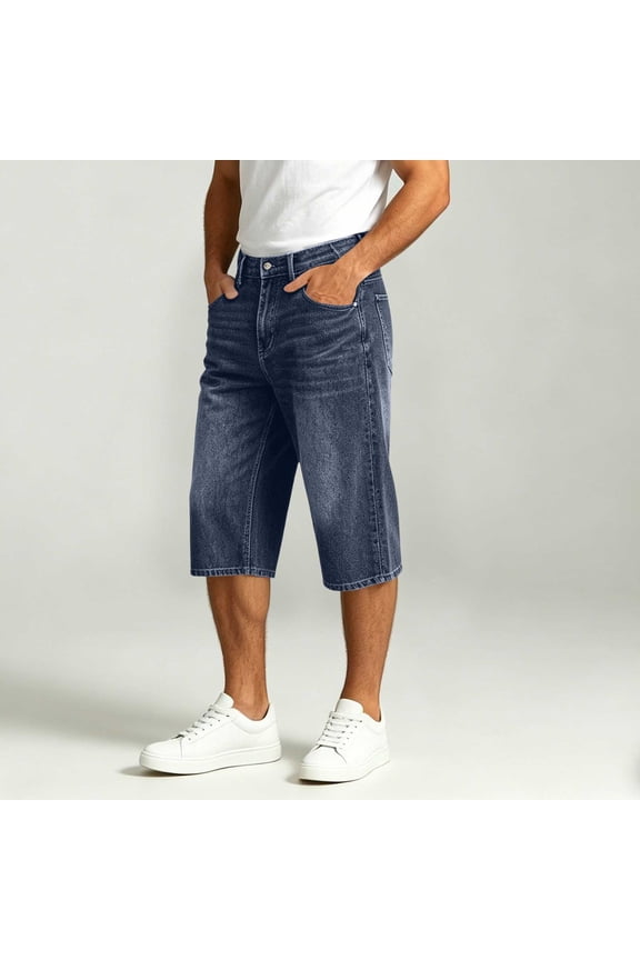 Jean Shorts for Men Casual Loose Fit Durable Mid Rise Button Waist Bermuda Shorts with Pockets Casual Straight Leg Knee Length Denim Shorts Street Daily Wear Blue L