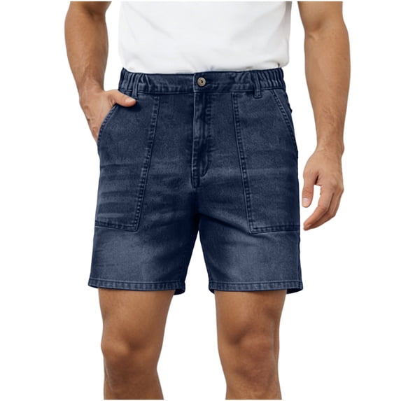 LEKWK Jean Shorts for Men Elastic Waist Denim Work Shorts with Front Utility Pockets Button Closure Relaxed Fit for Summer Casual Streetwear Everyday Wear Dark Blue XXL