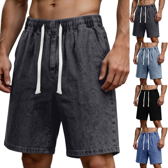 LEKWK Jean Shorts for Men Elastic Waist Lightweight Denim Shorts with Pockets Mid Rise Drawstring Work Shorts Relaxed Straight Leg Walking Shorts Daily Bottoms Gray XL