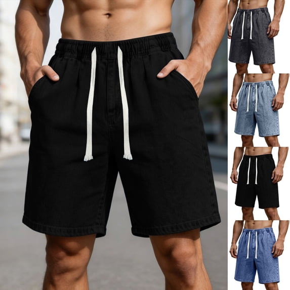 LEKWK Jean Shorts for Men Elastic Waist Lightweight Denim Shorts with Pockets Mid Rise Drawstring Work Shorts Relaxed Straight Leg Walking Shorts Daily Bottoms Black XL