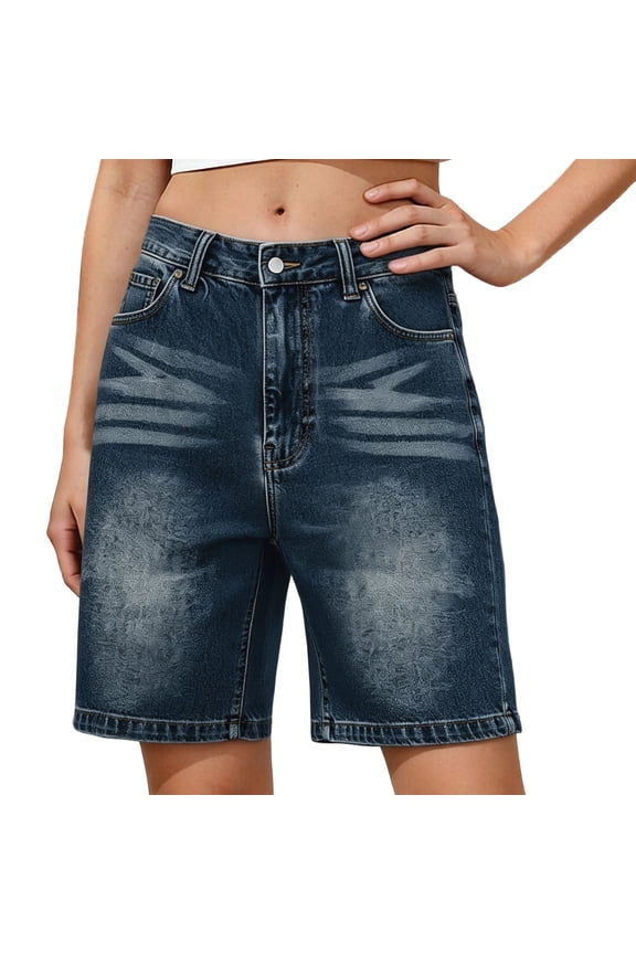 Jean Shorts Womens Baggy High Waisted Stretchy Denim Shorts with Pockets Knee Length Loose Fit Casual Bermuda Shorts Summer Fashion Y2K Jorts