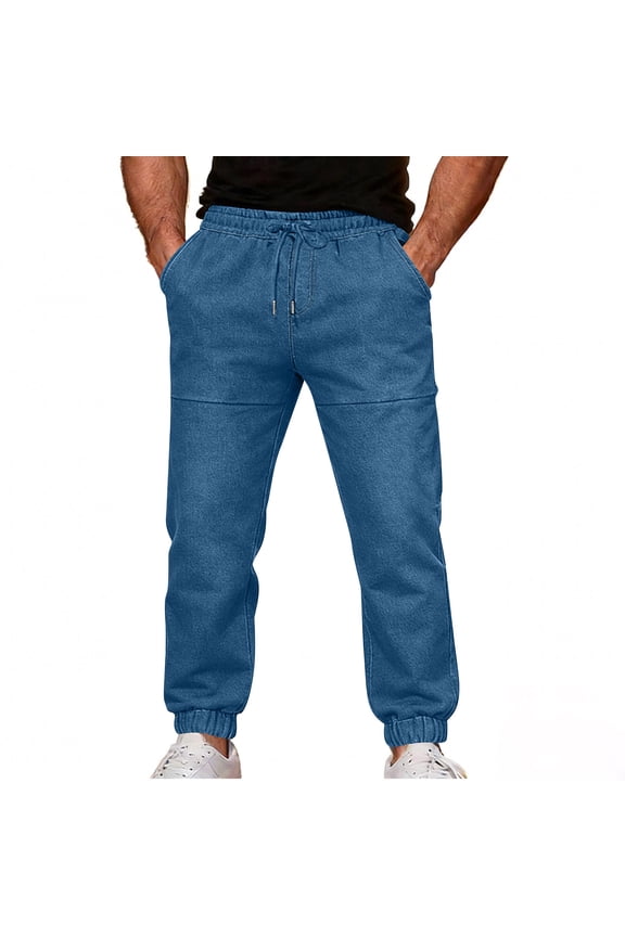Jeans for Men Elastic Drawstring Waist Casual Denim Joggers Ribbed Ankle Cuffs Comfy Pants with Pockets Relaxed Fit Fashion Joggers