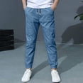 thumbnail image 1 of LEKWK Joggers for Boys Linen with Pockets Back To School Drawstring Jogger Pants Mid Rise Elastic Waist Ankle Length Tapered Pants Fit School Lounge Travel Daily Wear Blue 130, 1 of 8