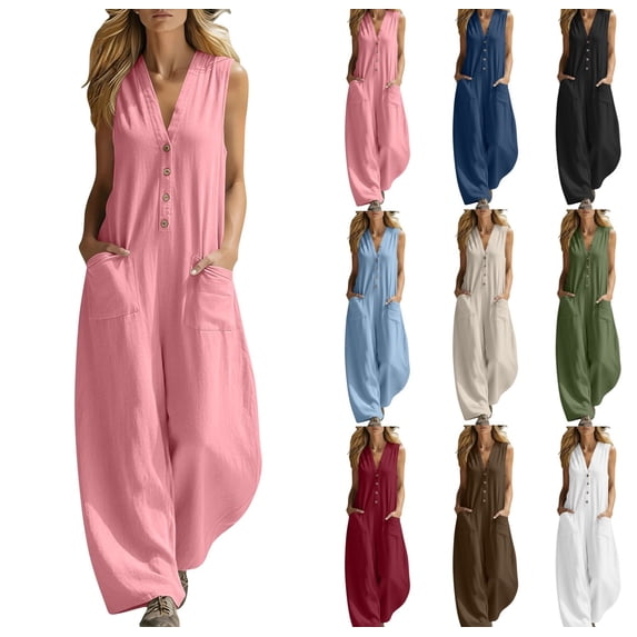 LEKWK Jumpsuits for Women V-Neck Button Down Sleeveless Casual Rompers Lightweight Wide Leg Linen with Pockets Summer Beach Vacation One Piece Outfits
