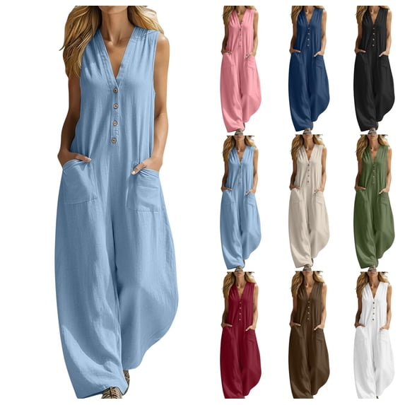 LEKWK Jumpsuits for Women V-Neck Button Down Sleeveless Casual Rompers Lightweight Wide Leg Linen with Pockets Summer Beach Vacation One Piece Outfits