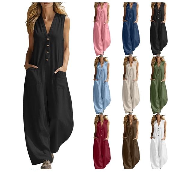 LEKWK Jumpsuits for Women V-Neck Button Down Sleeveless Casual Rompers Lightweight Wide Leg Linen with Pockets Summer Beach Vacation One Piece Outfits