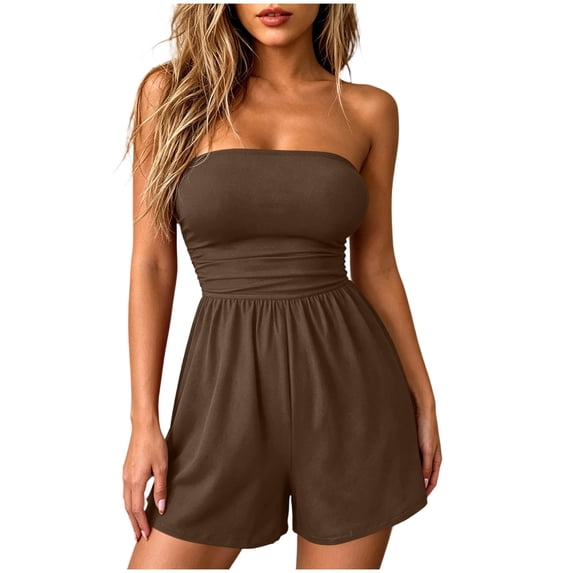 LEKWK Jumpsuits for Women Shorts Sleeveless Off Shoulder Tube Tops Strapless Loose Solid One Piece Rompers Summer Fashion Boho Beach Vacation Outfits