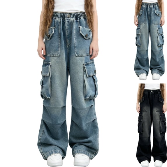 LEKWK Kids Cargo Pants Multi Pocket Wide Leg Denim Jeans for Girls Elastic Waist Washed Denim Trousers Outdoor School Utility Trousers Apparel
