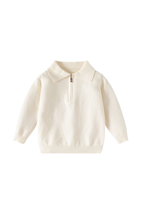 Kids Knit Collared Sweater Quarter Zip Pullover Tops Long Sleeve Solid Ribbed Hem School Uniform Preppy formal Outfits