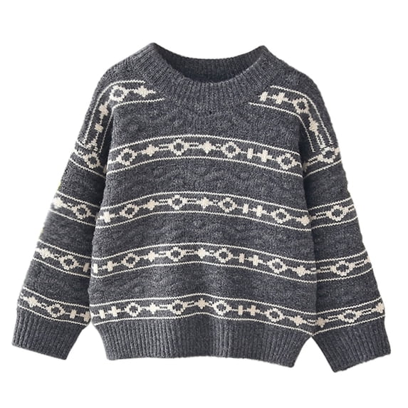 LEKWK Kids Knit Sweater Geometric Print Crew Neck Tops Long Sleeve Pullover Fair Isle Graphic Warm Soft Casual School Holiday Wear