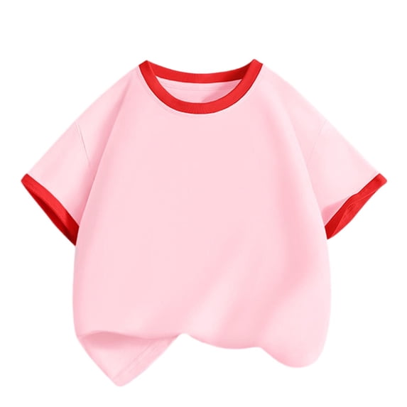 LEKWK Kids Short Sleeve T-Shirt Solid Color Contrast Ringer Crew Neck Tee Soft Cotton Casual Back to School Basic Undershirt